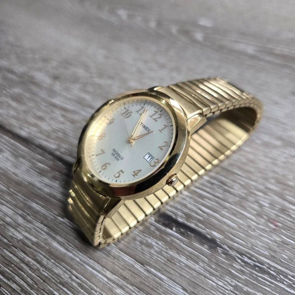 Timex Indiglo Gold Tone Watch Date Window Expansion Band WR 30M R9